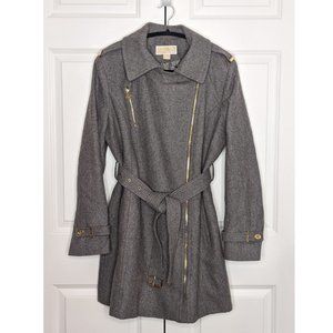 Michael Kors Grey Asymmetrical Belted Wool Pea Coat